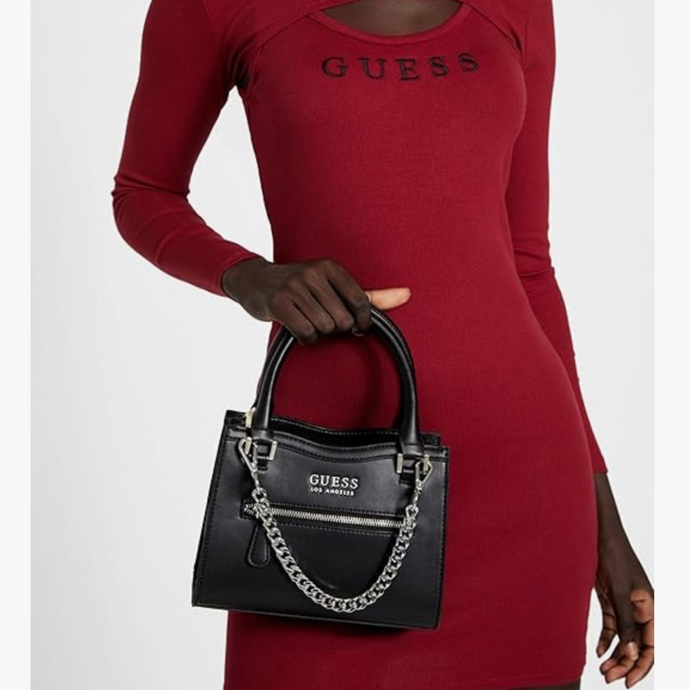 GUESS Factory Ocata Mini Satchel Black handbag Crossbody 
w/ Silver Chain *NWT* - Picture 3 of 11